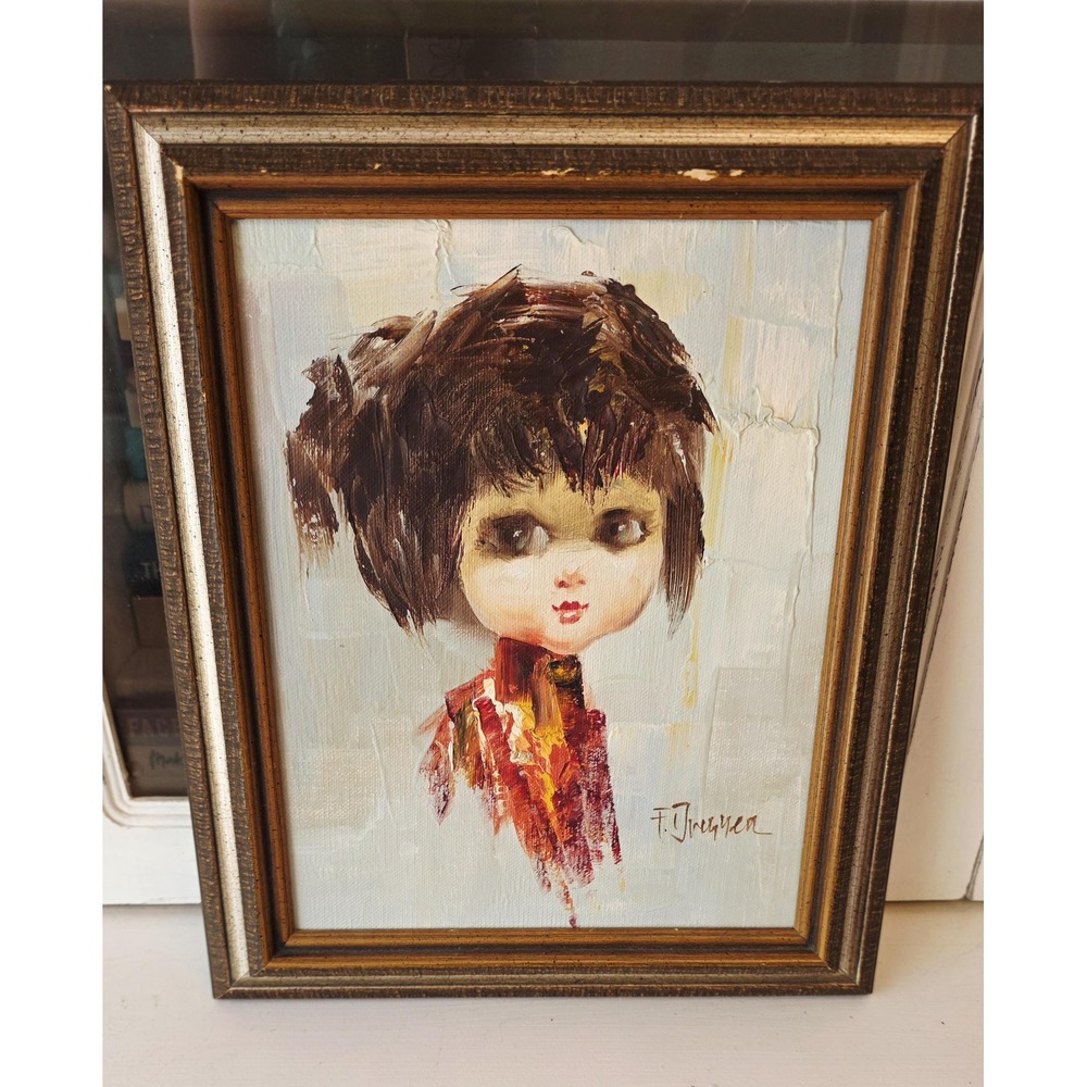 Authentic 1960s/1970s Mid-Century Modern "Big Eyes" Oil Painting by F. Juarez